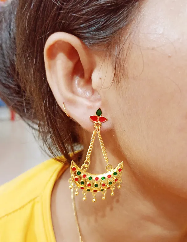 Assamese_Traditional_Copper_Gold_Plated_Red_Green_Colour_Jhumki_Earring_For_Girls_&_Women